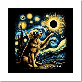 Golden Eclipse Retrievers: Stylish Tee Featuring Radiant Canine Companions Posters and Art